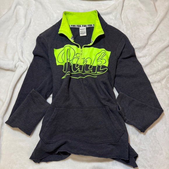 PINK by Victoria's Secret Tops - PINK Victoria's Secret Quarter Zip Sweatshirt Neon Green Logo Graphic Size Small